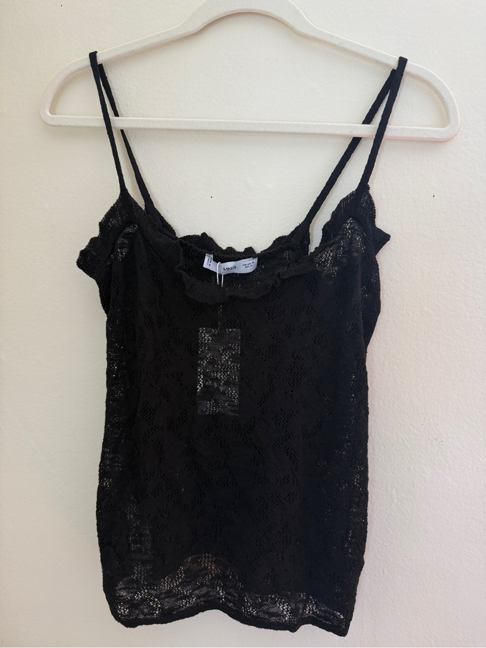 Mango Black Lace Camisole with ruffled trim, size medium